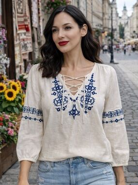 🌸Embroidered Lace-Up Peasant Top - Cream with Blue Embroidery size M boho summer